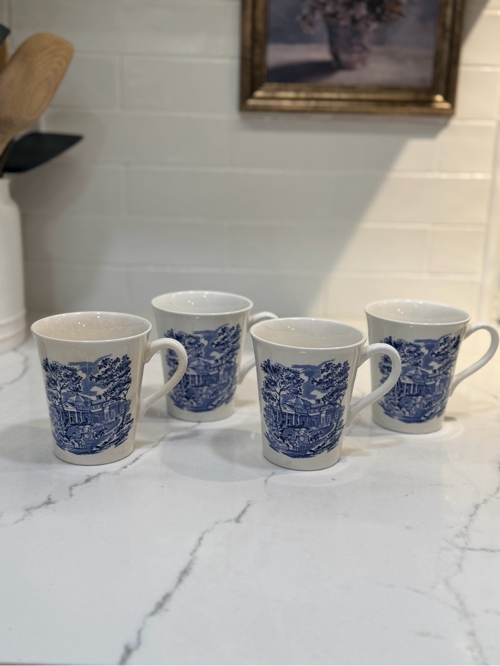 Liberty Blue Colonial Staffordshire Ironstone Monticello Set Of 4 Mugs